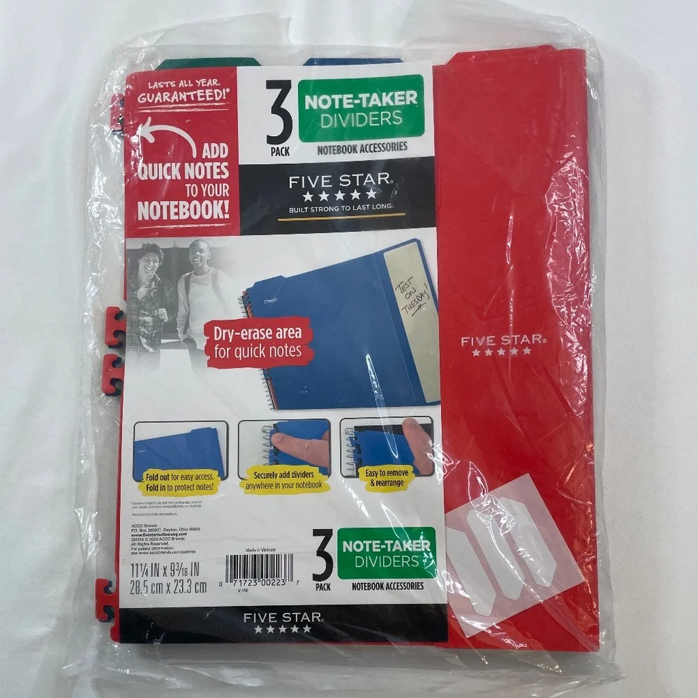 Five Star 3pk Note-Taker Dividers-11 1/4 X 9.3/16”-Dry Erase Area For Quick Note